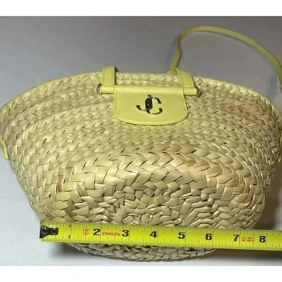 Jimmy Choo Macy Basketweave Tote Raffia Bag Natural Beige Yellow Crossbody Purse - Picture 14 of 16